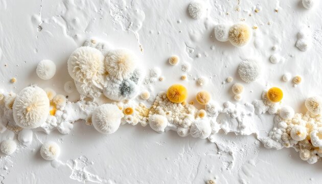 Microscopic view of fluffy white and yellow mold colonies on a textured surface.