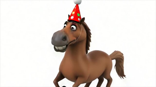 Brown horse character with party hat. Animated animal celebrating Birthday. Cartoon style equine figure with festive accessory. Smiling mammal for celebration.