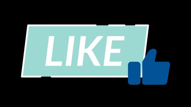 Seamless looping 4K motion graphic featuring white like text on a light blue rectangle with a pulsing thumb icon. Transparent alpha channel background for easy drag-and-drop video editing