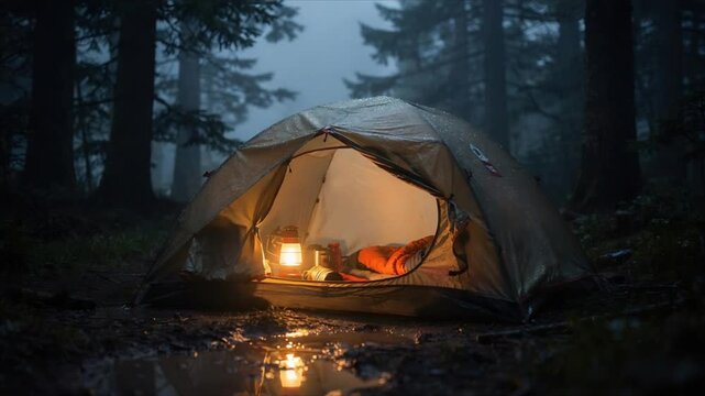 Illuminated tent in a dark rainy forest at night. Cozy camping shelter with warm light reflection in a puddle. Travel adventure in nature for outdoor leisure.