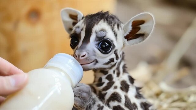 Woman holding bottle to feed baby giraffe. Young wild animal drinking milk from nipple. Caring handler providing nourishment to spotted newborn creature at farm.