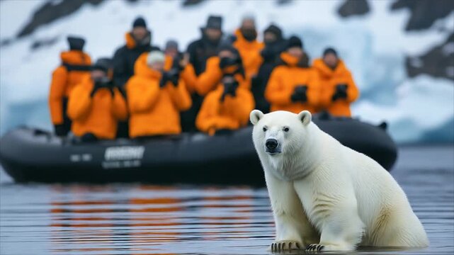 Polar bear sitting on ice near a boat with tourists in orange jackets. Group of travelers observing wildlife in Arctic, wildlife exploration and nature travel.