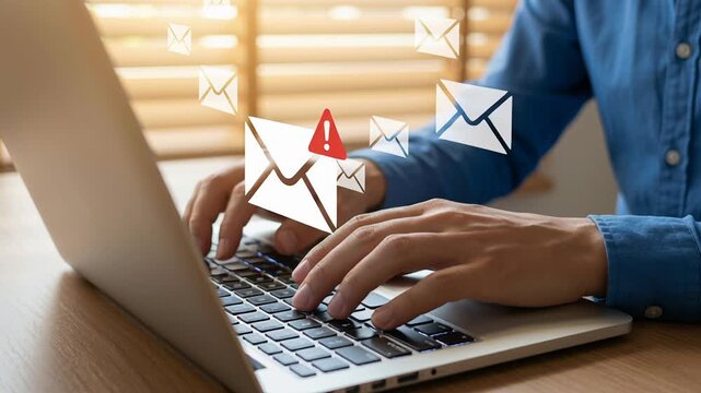 Phishing alert warning email scam threat malware protection with hands typing on laptop keyboard showing digital identity security against AI cyber attack risk