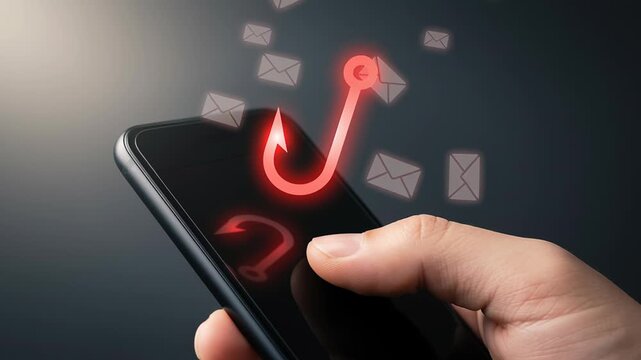 Phishing scam alert digital identity threat malware warning with red fishing hook on smartphone screen showing ai cyber attack risk and scam attempts using email icons protection