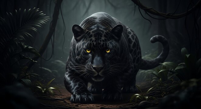 Black Panther Emerging from Dark Jungle