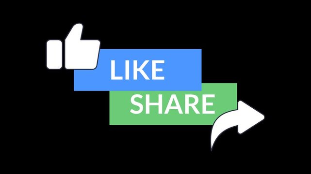 Seamless 4K loop of white like-share text on blue and green rectangles with thumb and arrow icons. Moving side to side on alpha channel. Professional social media overlay for video editors