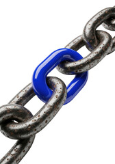 Obraz premium macro close-up of heavy, rough, rusty industrial iron chain supporting a smooth, brilliant sapphire ceramic link, isolated on white background, concept of unique excellence