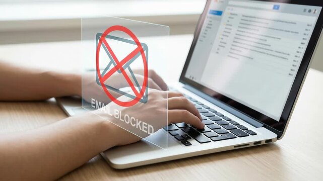Email blocked alert on laptop keyboard with hands typing showing digital threat warning phishing scam malware protection identity ai cyber attack notification