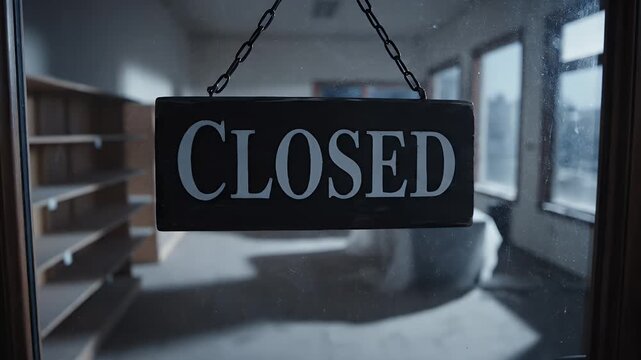 Hand flipping closed sign on a store door in a dimly lit room with bookshelves and windows displaying a winter scene signifying business closure and end of operations