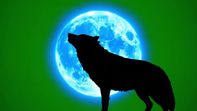 Three black wolf silhouettes howling at bright blue moon on green background