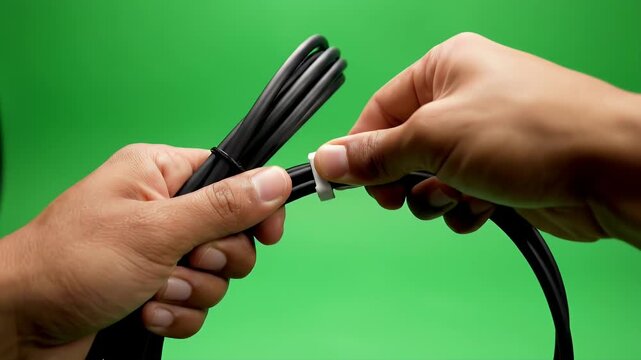 Hands Tidy Up Black Cables Using White Cable Ties Against A Vibrant Green Screen Background For Easy Compositing