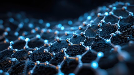 Fototapeta premium Futuristic visualization of a graphene honeycomb molecular structure on a microscopic level, glowing blue carbon atoms, advanced nanotechnology and material science concept