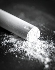Obraz premium A close-up shot of a white chalk stick resting on a dark surface with scattered chalk dust.