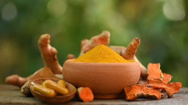 Turmeric or Curcuma longa rhizomes,dried slices ,powder in capsules and powder on natural background.