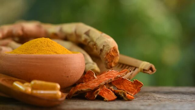 Turmeric or Curcuma longa rhizomes,dried slices ,powder in capsules and powder on natural background.