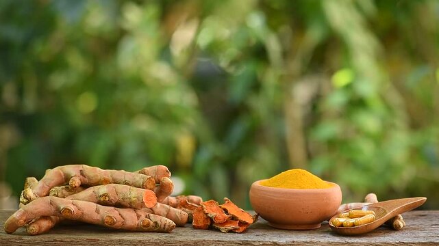 Turmeric or Curcuma longa rhizomes,dried slices ,powder in capsules and powder on natural background.