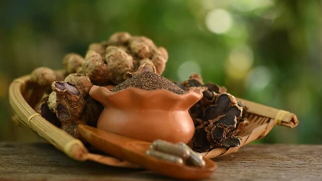 Black galingale or Kaempferia parviflora rhizomes ,dried slices, powder and capsule on natural  background.