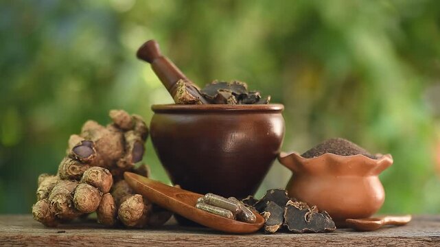 Black galingale or Kaempferia parviflora rhizomes ,dried slices, powder and capsule on natural  background.