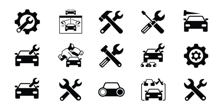 Automotive service repair icon set, editable stroke vector symbols featuring tools gear engine diagnostics garage and maintenance for auto workshop design.