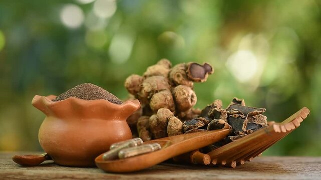 Black galingale or Kaempferia parviflora rhizomes ,dried slices, powder and capsule on natural  background.