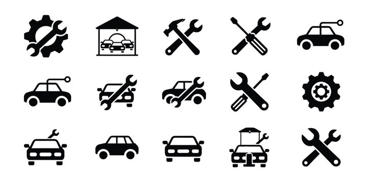 Automotive service icon set, editable stroke vector symbols showing car repair tools, engine diagnostics, gear, garage maintenance icons for workshops