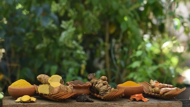 Black galingale or Kaempferia parviflora rhizomes ,powder ,dried slices  and capsule on natural background.