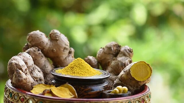 Zingiber montanum, Phlai (Thai name) rhizome ,dried slices, powder and capsule on natural  background.