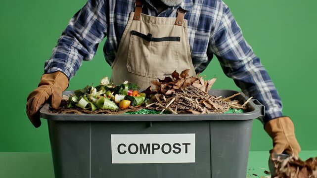 Mature Man in Plaid Shirt and Apron Sorting Compost Materials into Bin with Green Background