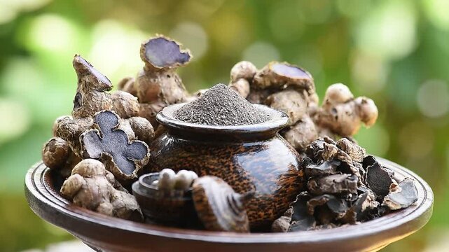 Black galingale or Kaempferia parviflora rhizomes ,dried slices, powder and capsule on natural  background.
