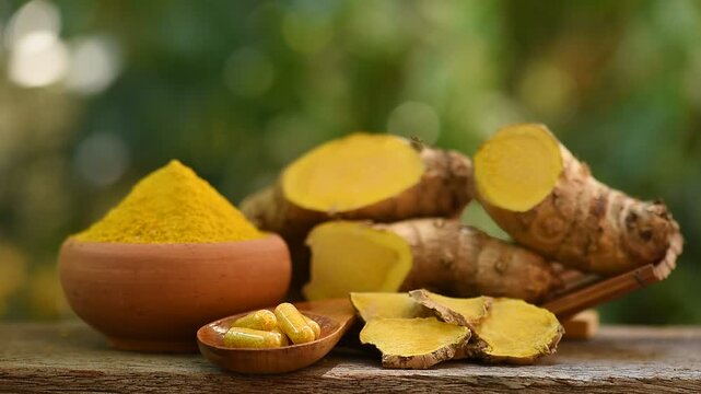 Zingiber montanum, Phlai (Thai name) rhizome ,dried slices, powder and capsule on natural  background.