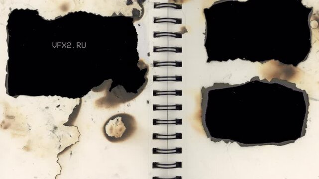 Vintage Burned Paper Texture with Black Holes and Spiral Binding.