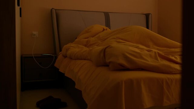 A groggy guy drags himself out of bed after his alarm goes off.