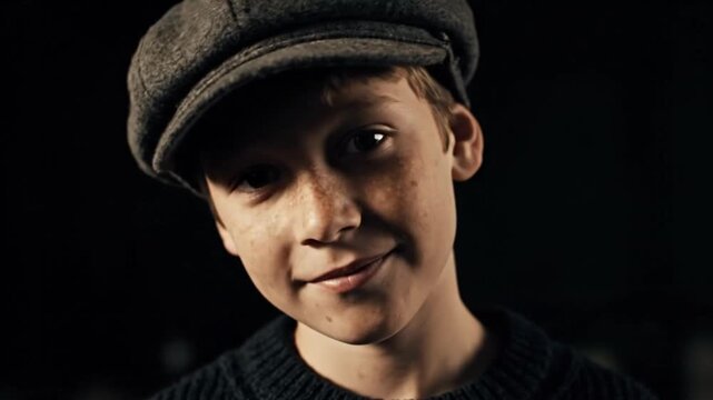 Young boy in flat cap displays various emotions in close up portraits with dark background