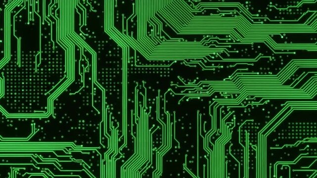 Green circuit board pattern on black background with glowing neon lines and dots