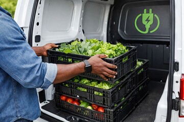 Fototapeta premium Sustainable agriculture concept with fresh produce delivery in eco-friendly vehicle highlighting green technology and environmental responsibility