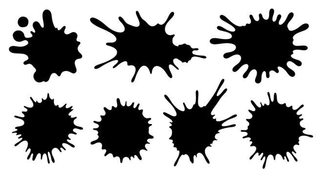 Set of black ink splashes and paint splatters on white background.
