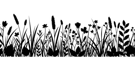 Silhouette of Wild Grasses and Flowers Border Seamless Pattern.
