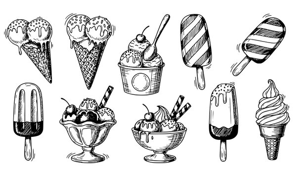 Hand Drawn Ice Cream Sketch Doodle Set with Popsicle Sundae and Cone Desserts for Menu and Card Design