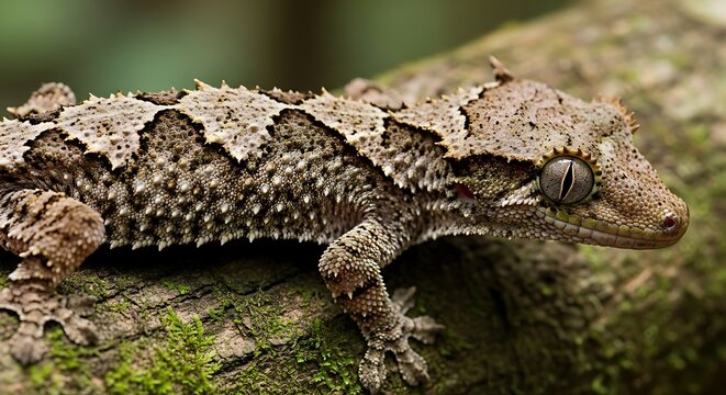 Detailed close-up of a crested gecko with intricate skin texture perched on a mossy branch