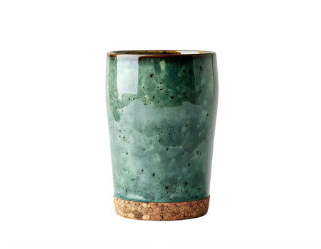 Ceramic drinking tumbler with a speckled green reactive glaze finish and a natural cork base rim