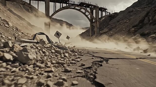 Post Apocalyptic Landscape Destroyed Bridge and Cracked Road in Dusty Valley Dramatic Overcast Sky