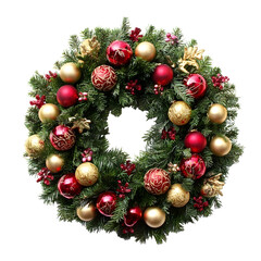 Christmas Wreath with Red and Gold Ornaments evergreen isolated on white background