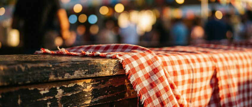 A checkered tablecloth on a wooden table with a blurred bokeh background