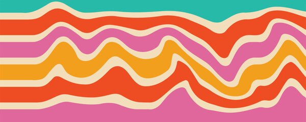 Vibrant wavy lines in orange pink and yellow hues on a teal and pink background