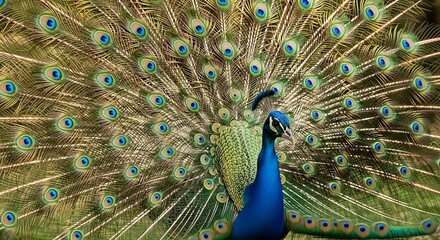 Obraz premium Majestic male peacock displaying its vibrant iridescent blue and green train feathers