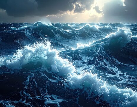 Powerful ocean waves crash under a dramatic sky.