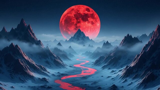 A surreal landscape with a large red moon rising over snowcapped mountains and a winding river