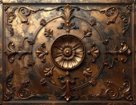 Ornate gold-colored metal panel with intricate floral and scrollwork motifs.