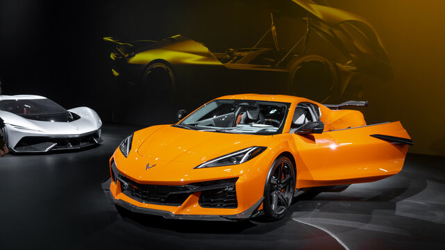 2026 Chevrolet Corvette ZR1X sports car on display. At 2026 Detroit auto show