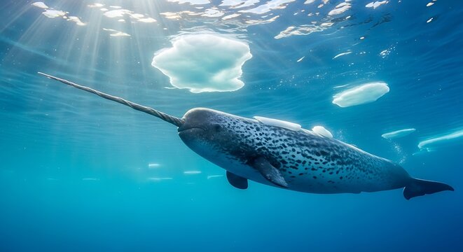 Majestic narwhal swims through icy Arctic waters with sunbeams piercing the surface